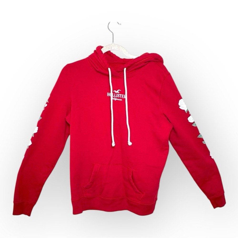Hollister Red Floral Sleeve Hoodie California Logo Cozy Winter Casual Medium